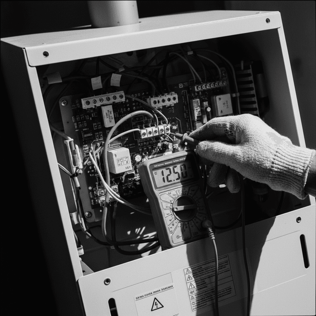 Technician testing a boiler's electrical panel with a multimeter