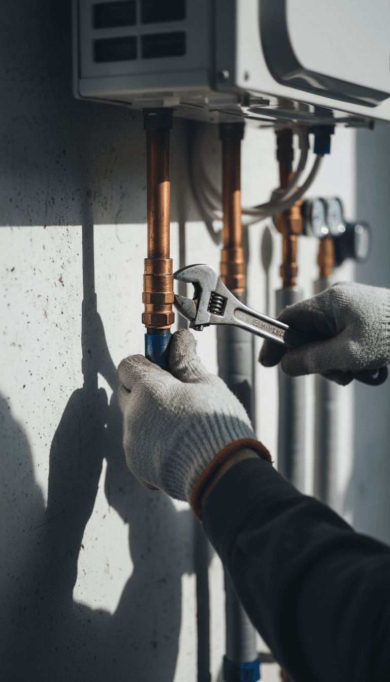 Close up of installer connecting copper piping to a heat pump unit