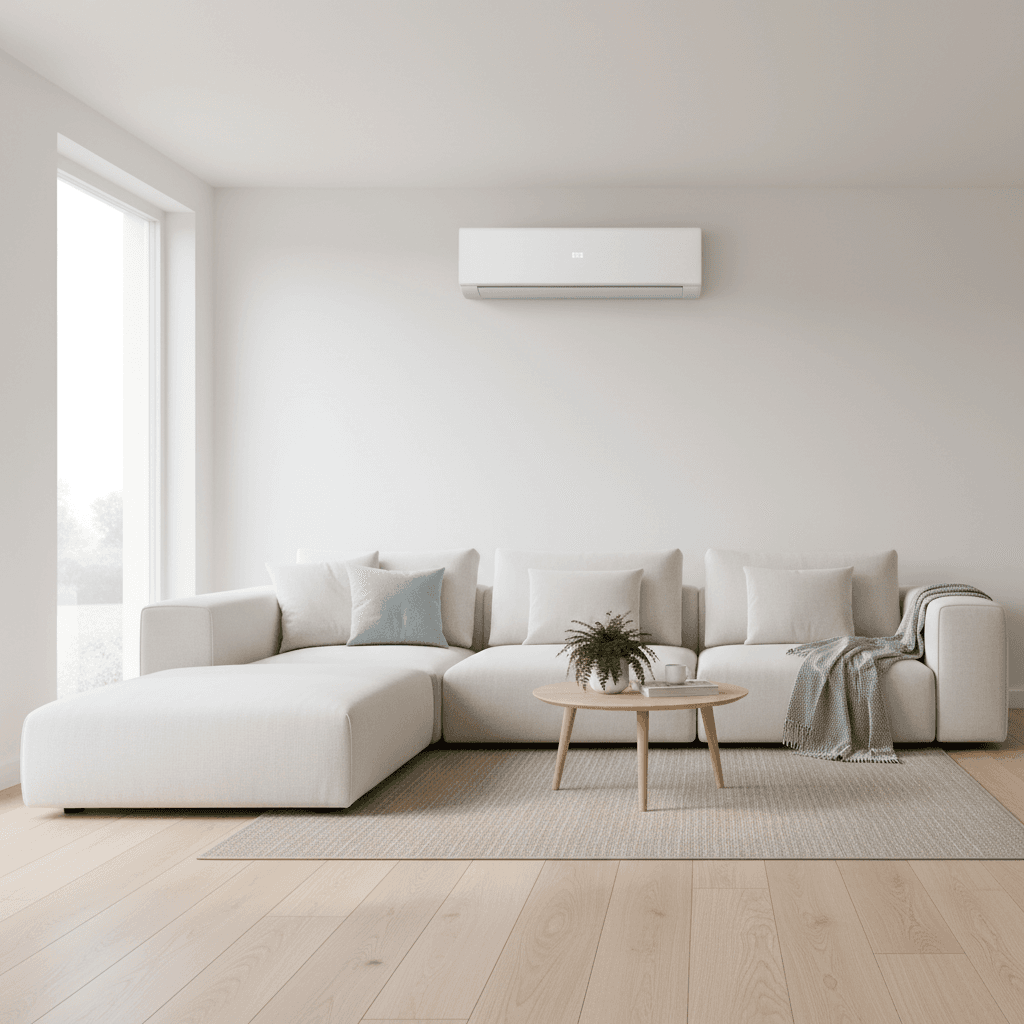 Living room with a discreetly integrated air conditioning unit
