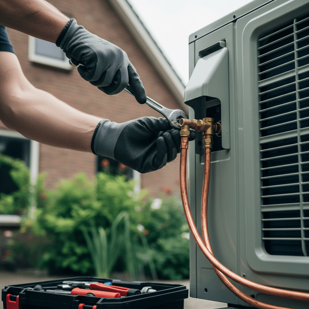 Technician's hands connecting a refrigerant line to an air conditioning unit