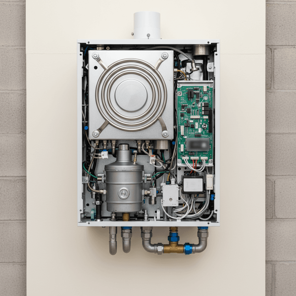 Internal components of a modern condensing boiler