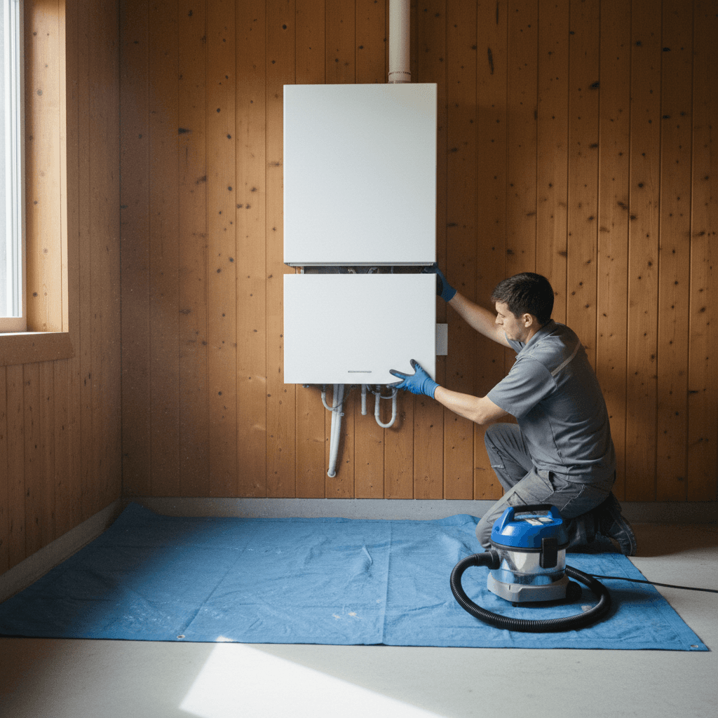 Technician installing heat pump indoor unit