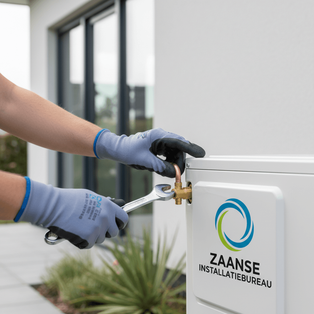 Technician's hands connecting a refrigerant line to an air conditioning unit outside a modern home