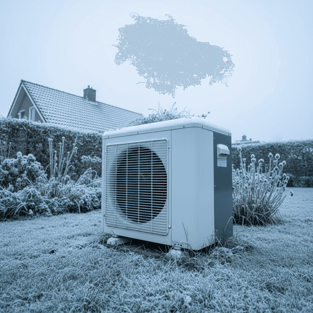 Heat pump unit with light snow on a winter morning