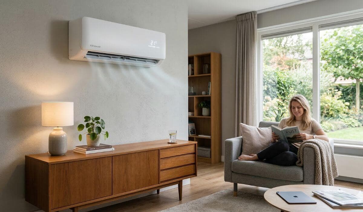 Woman reading in a living room cooled by a white wall-mounted air conditioner.