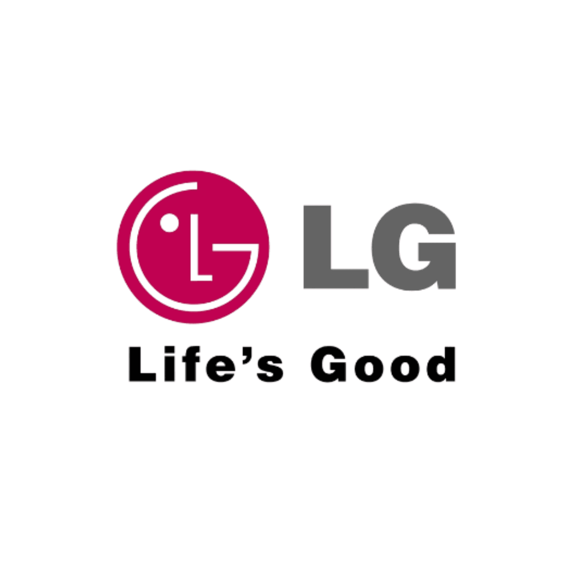 LG logo featuring a red circular face icon, grey letters, and Life's Good slogan.